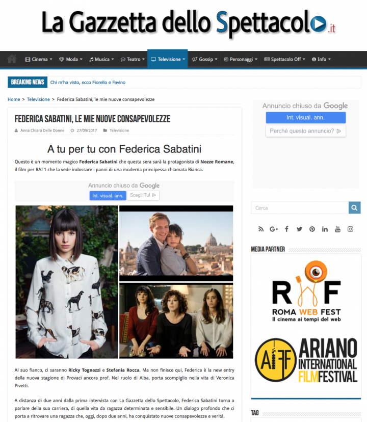 FEDERICA SABATINI SU LA GAZZETTA DELLO SPETTACOLO