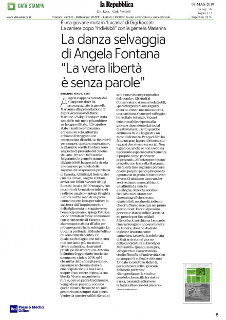 ANGELA FONTANA SU LA REPUBBLICA