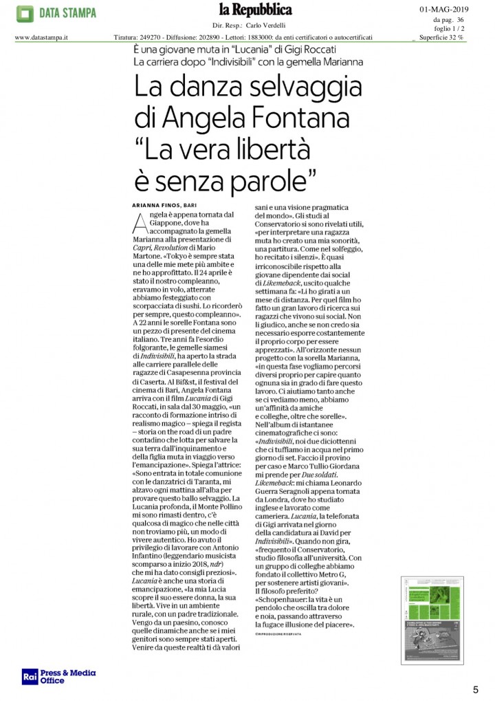 ANGELA FONTANA SU LA REPUBBLICA